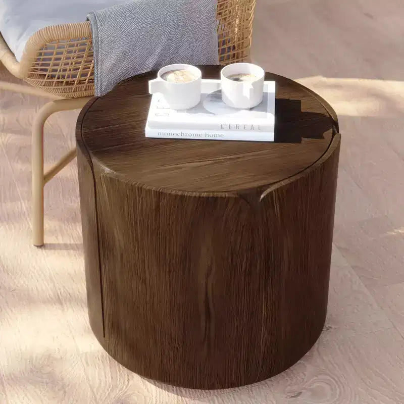 Tavolino rotondo 19.29H per esterni e interni, sgabello da giardino moderno con venature del legno