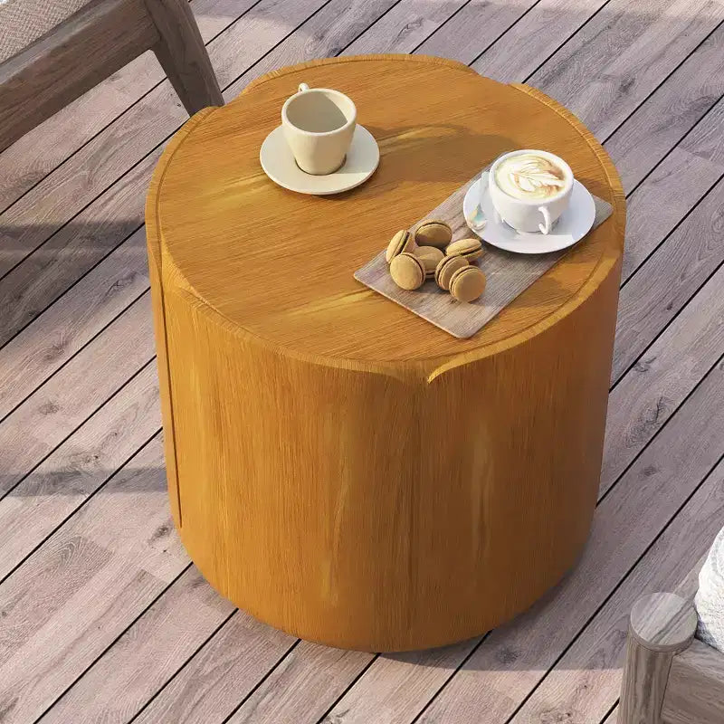 Tavolino rotondo 19.29H per esterni e interni, sgabello da giardino moderno con venature del legno