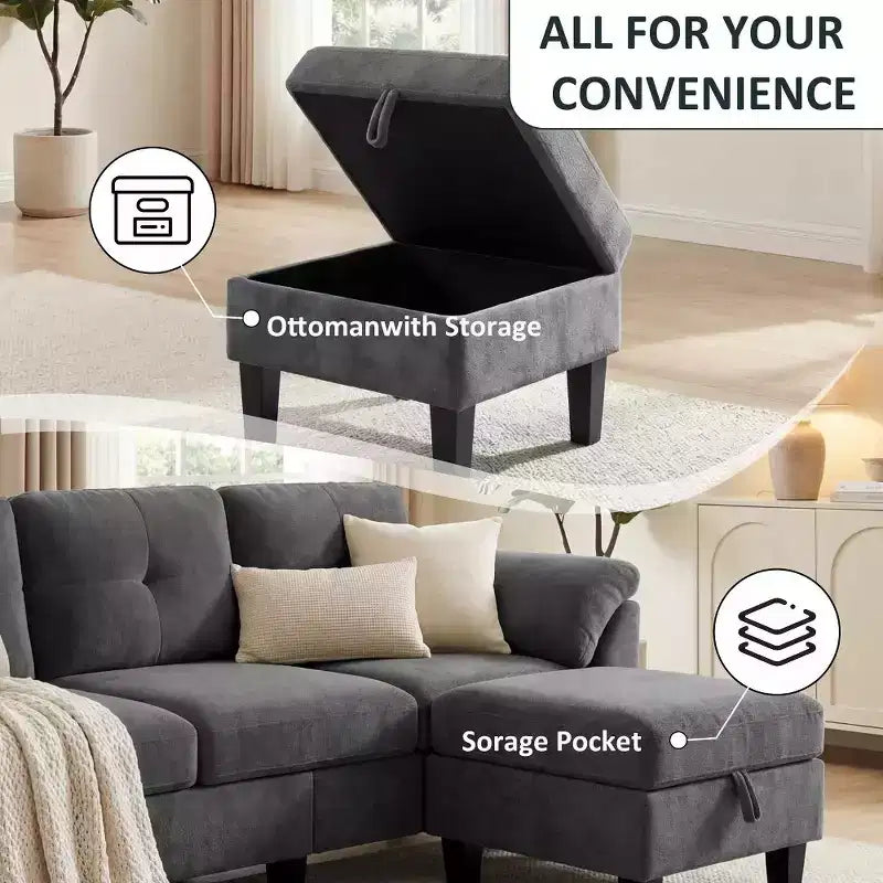 Divano componibile a L da 79" con pouf contenitore, chaise longue reversibile e tessuto in lino, 4 posti