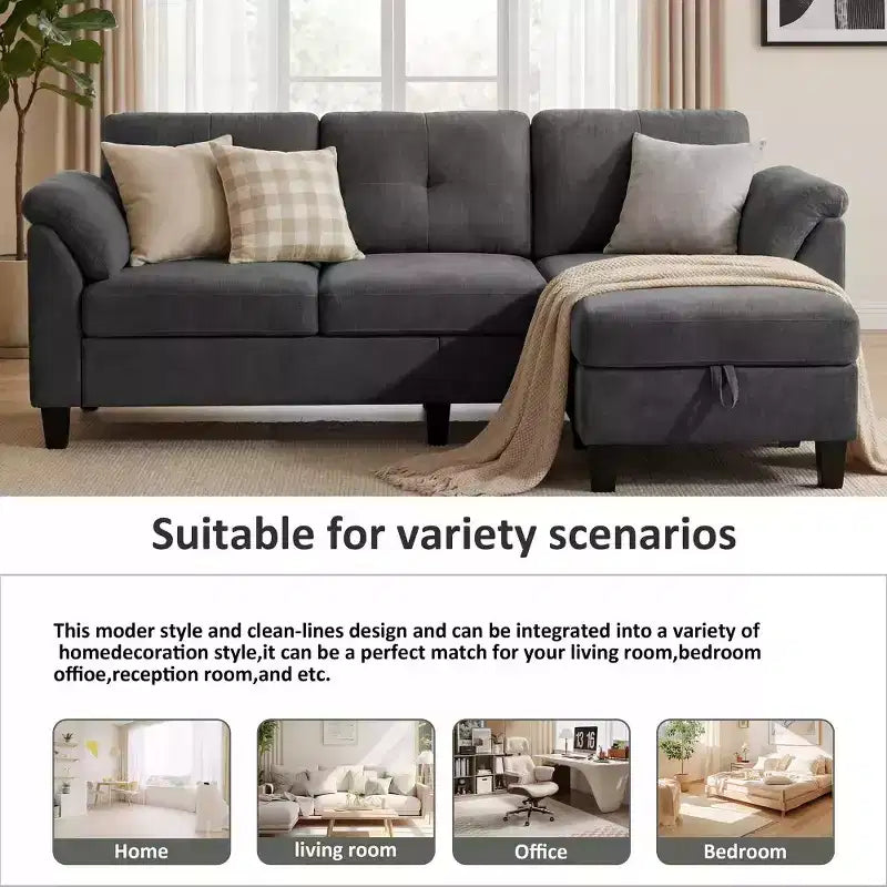 Divano componibile a L da 79" con pouf contenitore, chaise longue reversibile e tessuto in lino, 4 posti