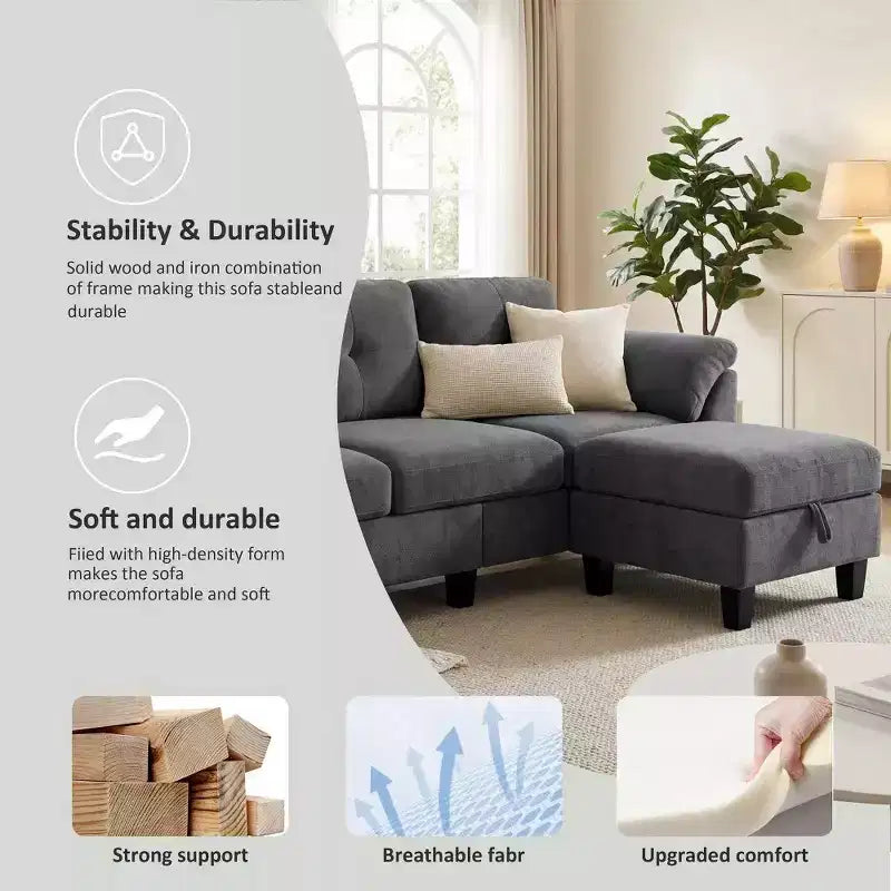 Divano componibile a L da 79" con pouf contenitore, chaise longue reversibile e tessuto in lino, 4 posti