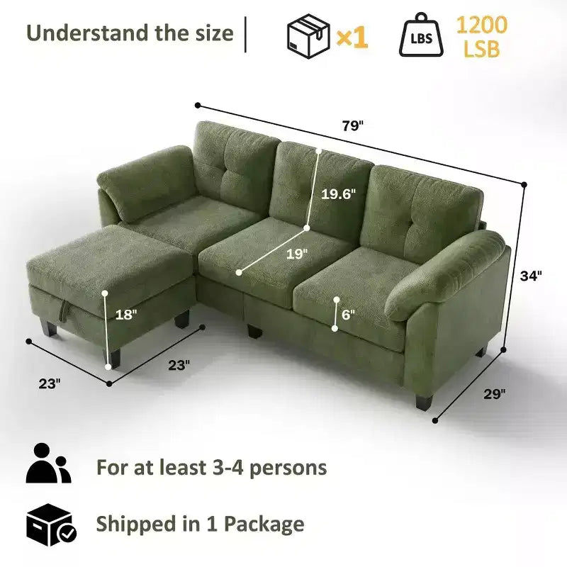 Divano componibile a L da 79" con pouf contenitore, chaise longue reversibile e tessuto in lino, 4 posti