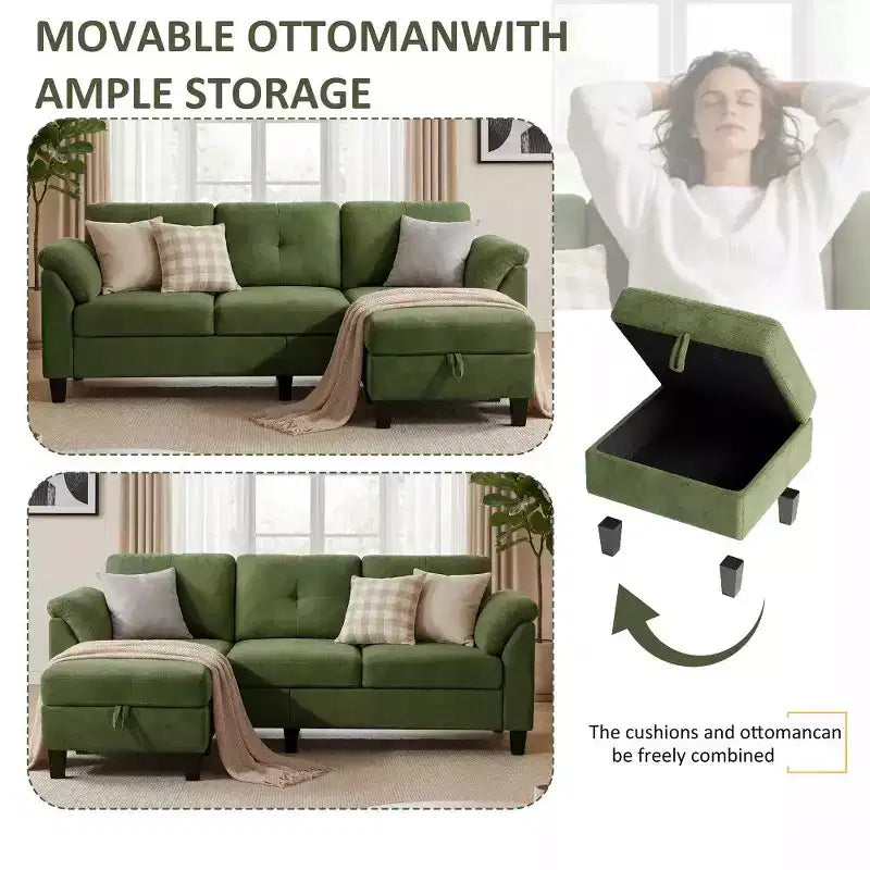 Divano componibile a L da 79" con pouf contenitore, chaise longue reversibile e tessuto in lino, 4 posti