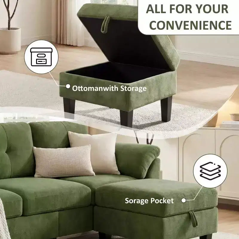 Divano componibile a L da 79" con pouf contenitore, chaise longue reversibile e tessuto in lino, 4 posti