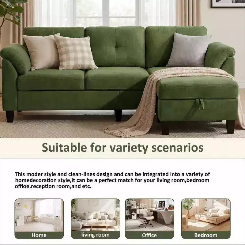 Divano componibile a L da 79" con pouf contenitore, chaise longue reversibile e tessuto in lino, 4 posti