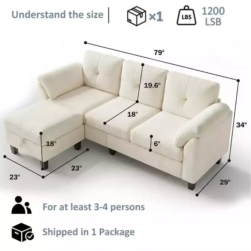 Divano componibile a L da 79" con pouf contenitore, chaise longue reversibile e tessuto in lino, 4 posti