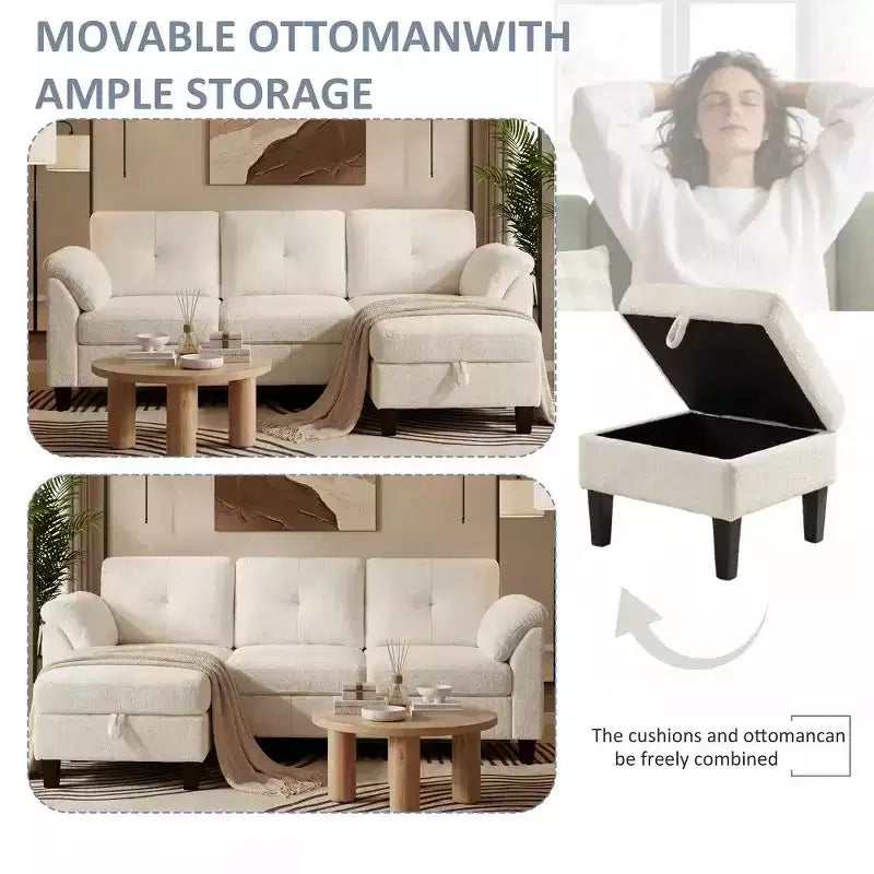 Divano componibile a L da 79" con pouf contenitore, chaise longue reversibile e tessuto in lino, 4 posti