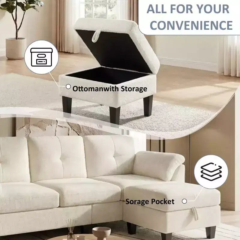 Divano componibile a L da 79" con pouf contenitore, chaise longue reversibile e tessuto in lino, 4 posti