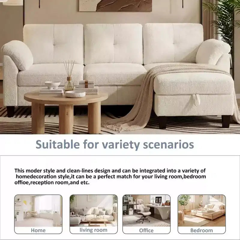 Divano componibile a L da 79" con pouf contenitore, chaise longue reversibile e tessuto in lino, 4 posti