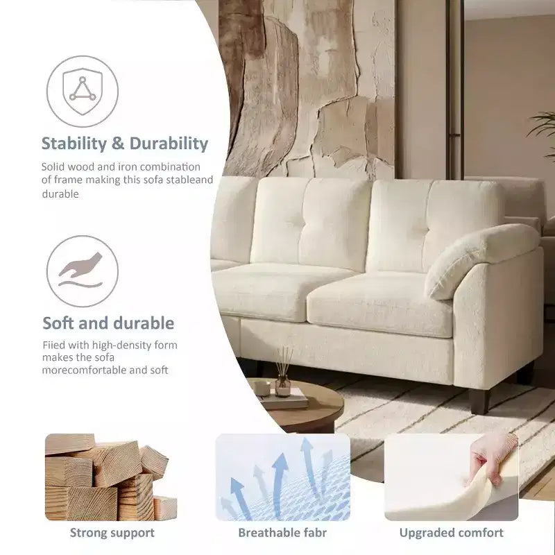 Divano componibile a L da 79" con pouf contenitore, chaise longue reversibile e tessuto in lino, 4 posti