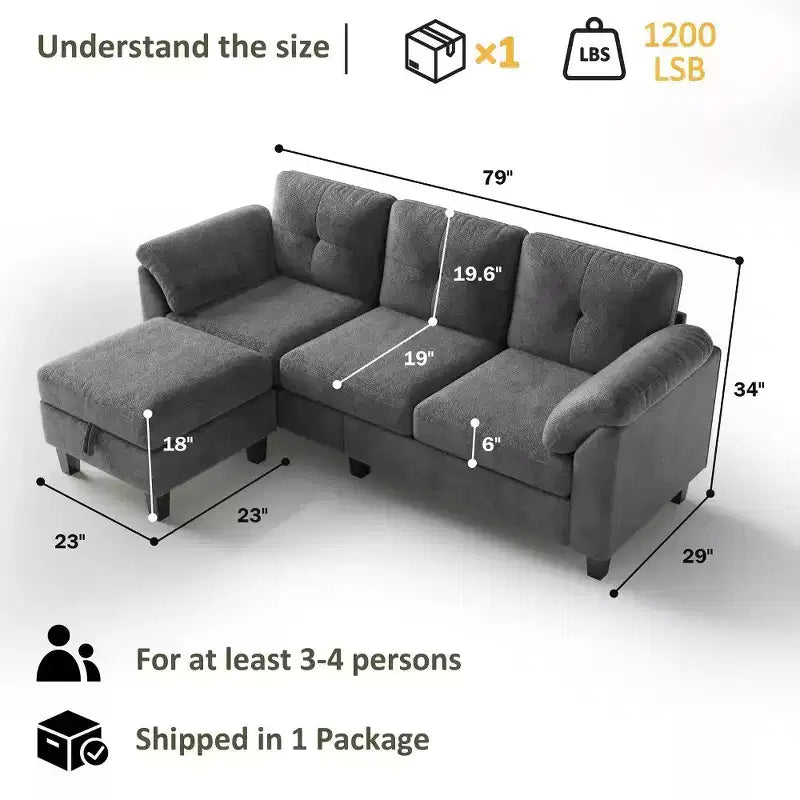 Divano componibile a L da 79" con pouf contenitore, chaise longue reversibile e tessuto in lino, 4 posti
