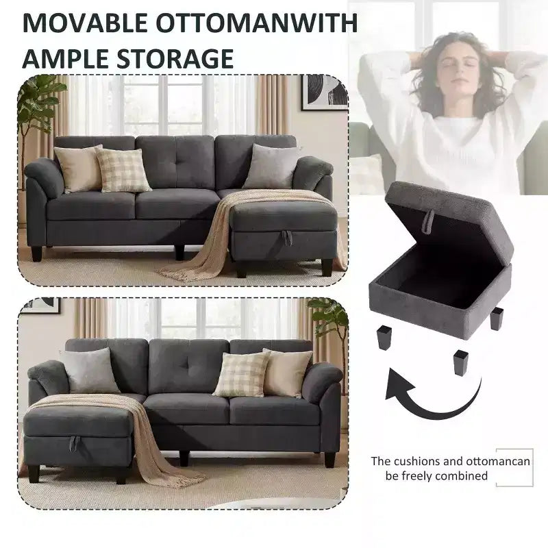 Divano componibile a L da 79" con pouf contenitore, chaise longue reversibile e tessuto in lino, 4 posti