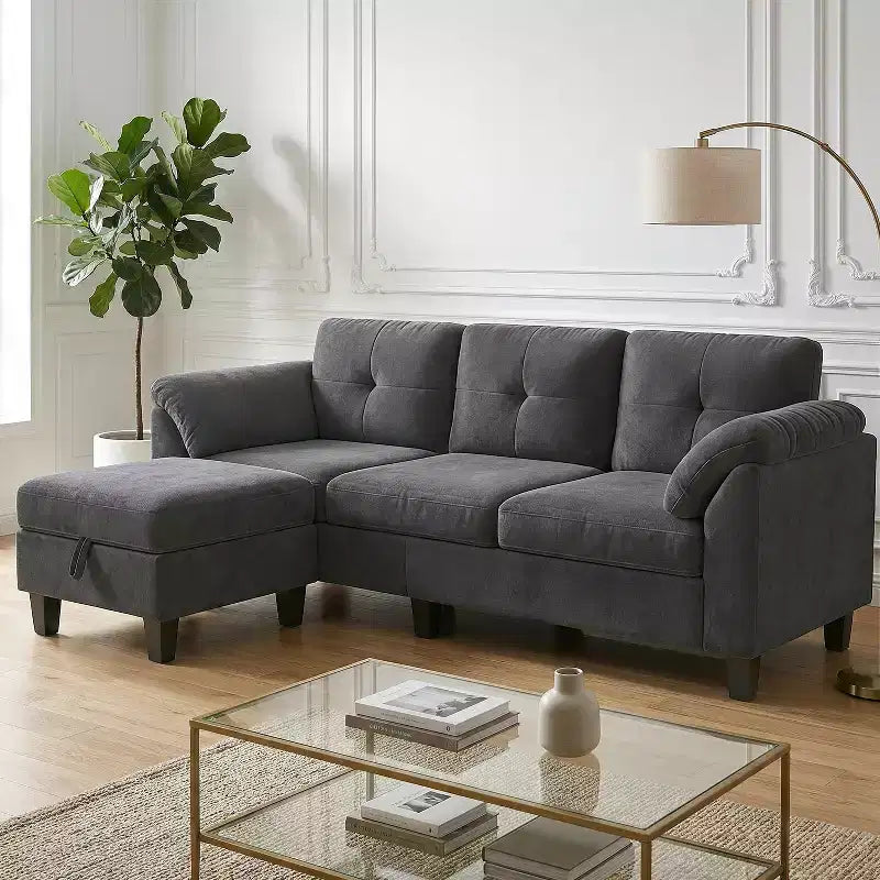 Divano componibile a L da 79" con pouf contenitore, chaise longue reversibile e tessuto in lino, 4 posti