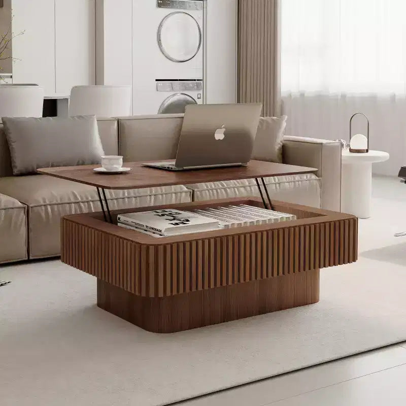 Fluted Lift-Top Coffee Table with Storage, Modern Wood Center Table for Living Room, Walnut