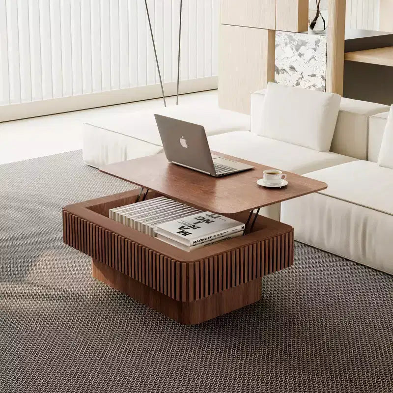 Fluted Lift-Top Coffee Table with Storage, Modern Wood Center Table for Living Room, Walnut
