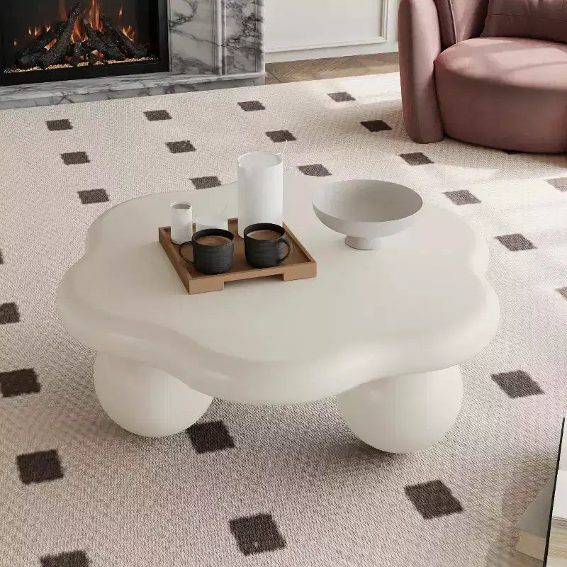 Tavolino da caffè Cloud 35 con gambe a sfera, Tavolino centrale irregolare moderno per soggiorno, Bianco crema