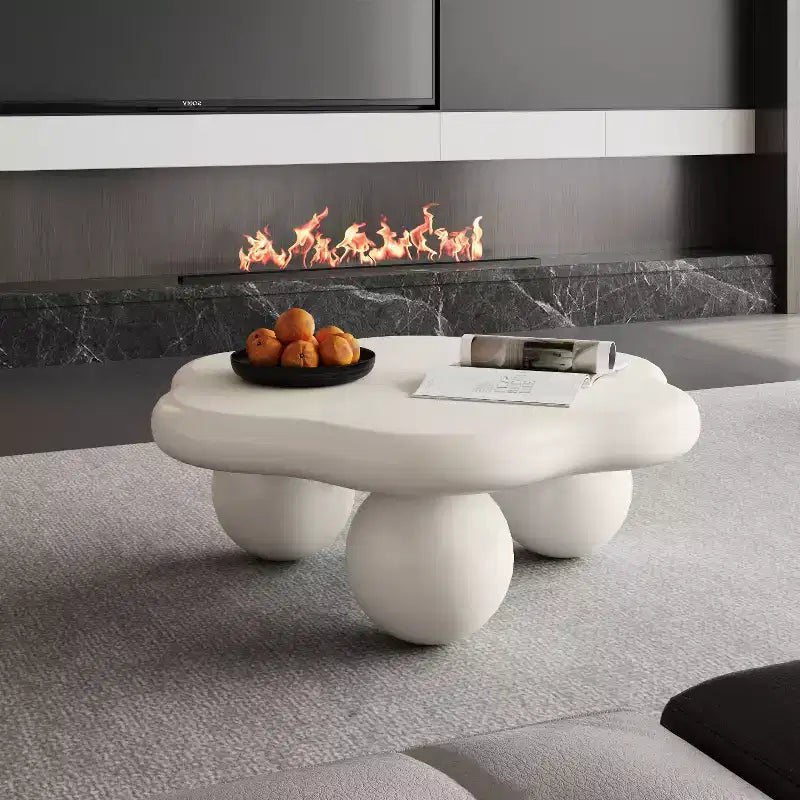 Tavolino da caffè Cloud 35 con gambe a sfera, Tavolino centrale irregolare moderno per soggiorno, Bianco crema