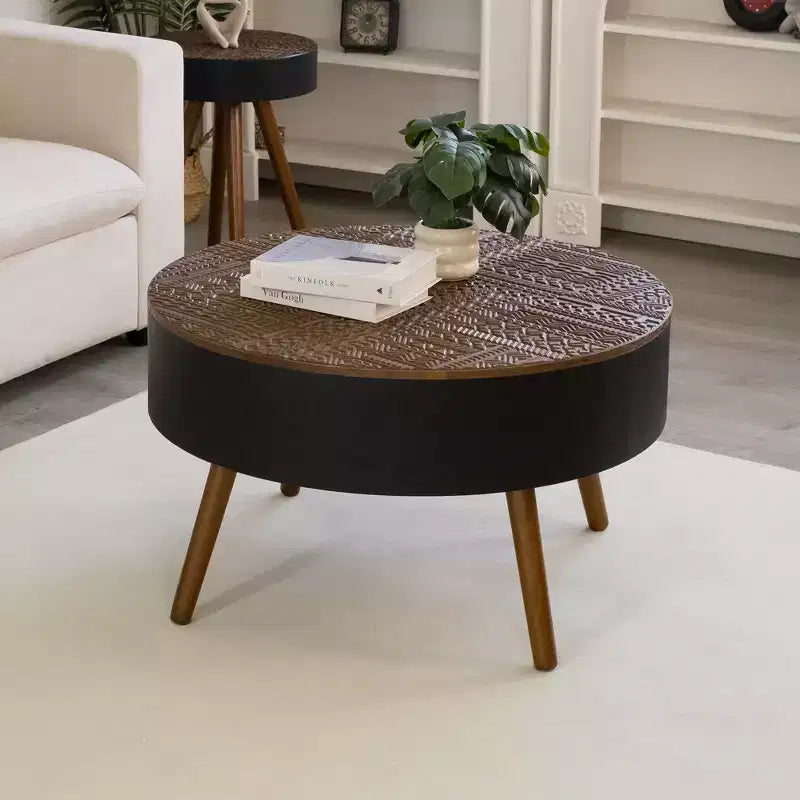 Tavolino da caffè rotondo con contenitore, tavolino centrale moderno per soggiorno