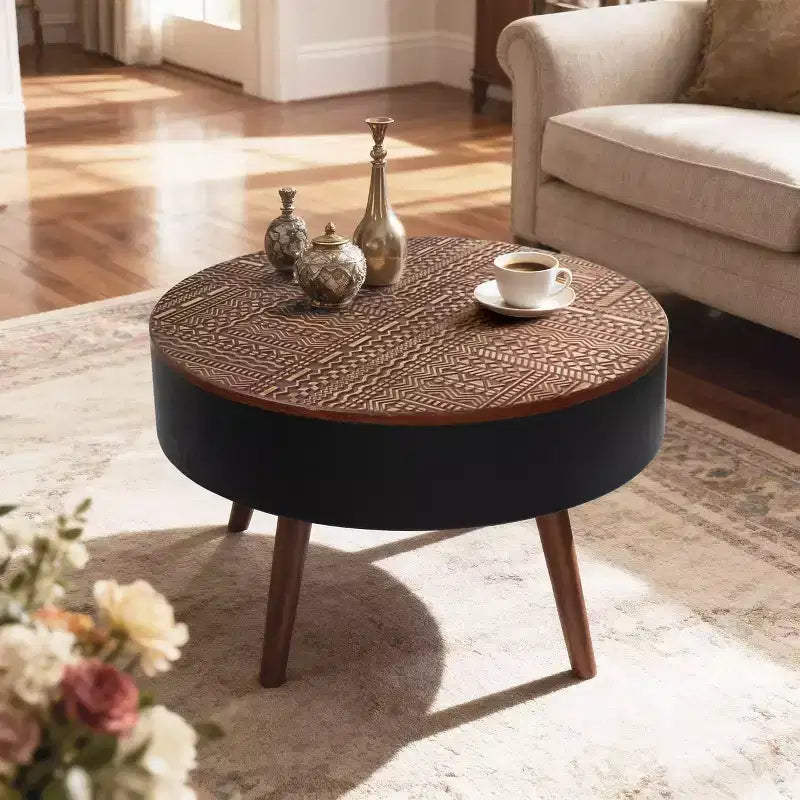 Tavolino da caffè rotondo con contenitore, tavolino centrale moderno per soggiorno