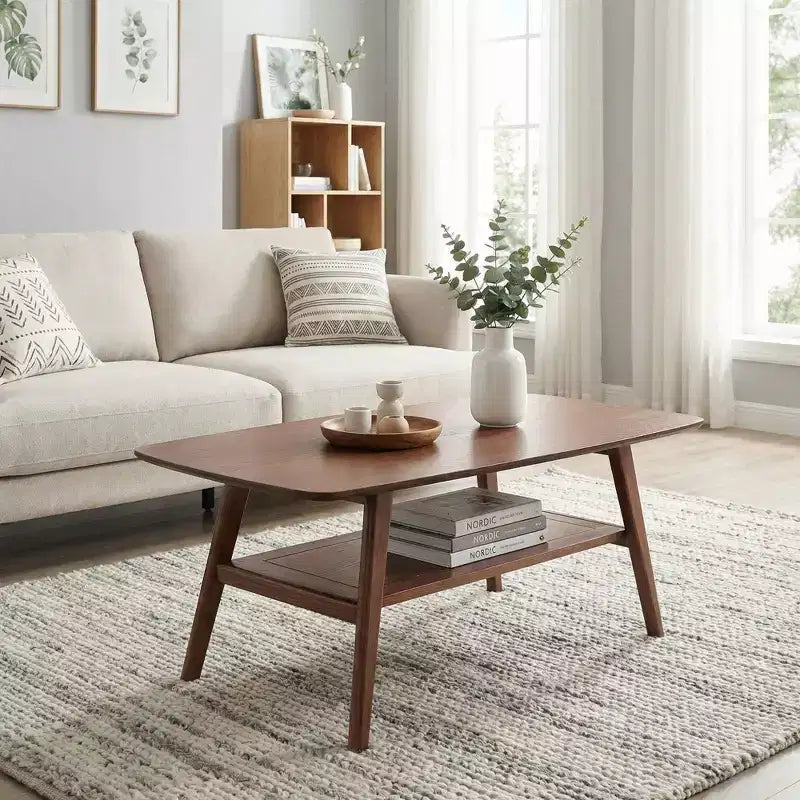 JVNOXK 31.5 Walnut Solid Oak Coffee Table with Storage Shelf, Easy Assembly
