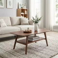 JVNOXK 31.5 Walnut Solid Oak Coffee Table with Storage Shelf, Easy Assembly