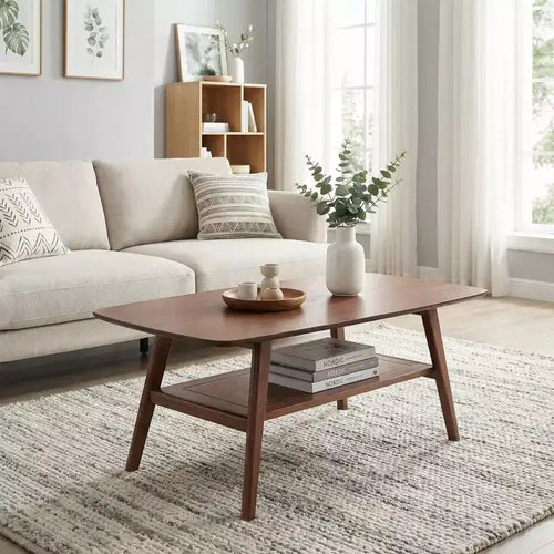 JVNOXK 31.5 Walnut Solid Oak Coffee Table with Storage Shelf, Easy Assembly