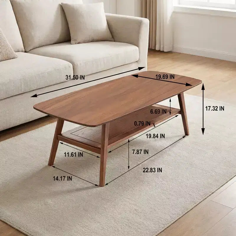 31.5" Solid Oak Coffee Table with 2-Tier Storage Shelf, Walnut Finish, Easy Assembly
