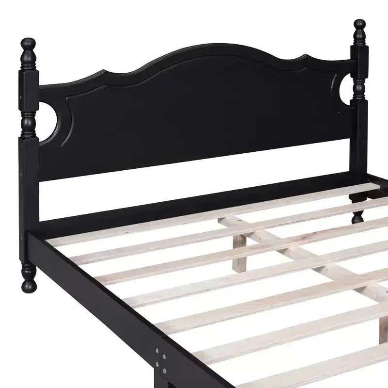 Letto a piattaforma Queen in legno, struttura letto in stile retrò con supporto a doghe, nero