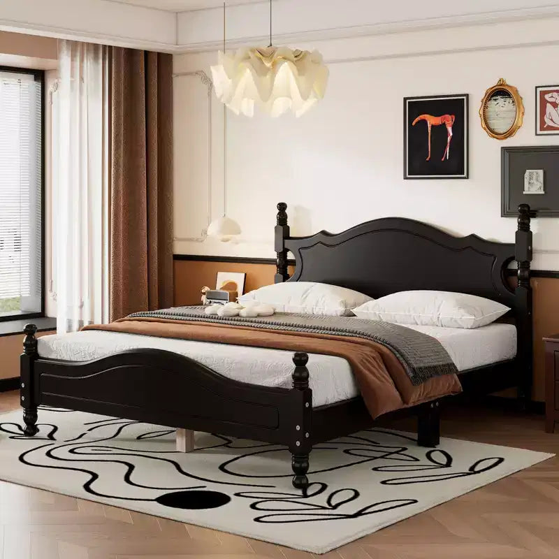 Letto a piattaforma Queen in legno, struttura letto in stile retrò con supporto a doghe, nero