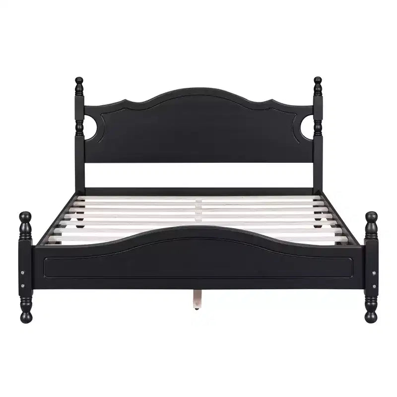 Letto a piattaforma Queen in legno, struttura letto in stile retrò con supporto a doghe, nero