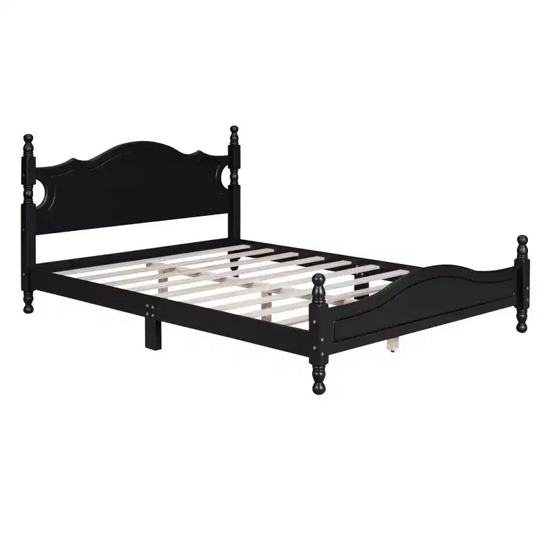 Letto a piattaforma Queen in legno, struttura letto in stile retrò con supporto a doghe, nero