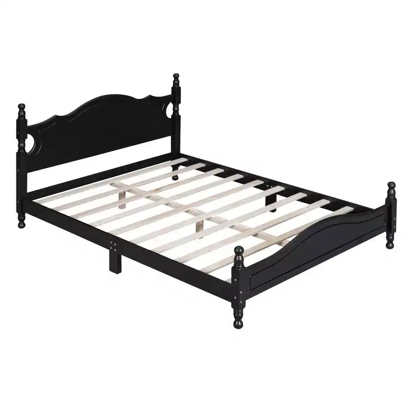 Letto a piattaforma Queen in legno, struttura letto in stile retrò con supporto a doghe, nero
