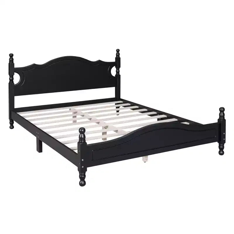 Letto a piattaforma Queen in legno, struttura letto in stile retrò con supporto a doghe, nero