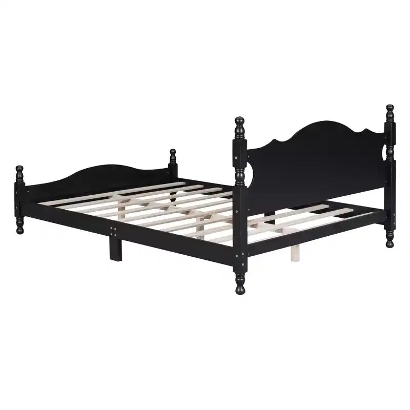 Letto a piattaforma Queen in legno, struttura letto in stile retrò con supporto a doghe, nero