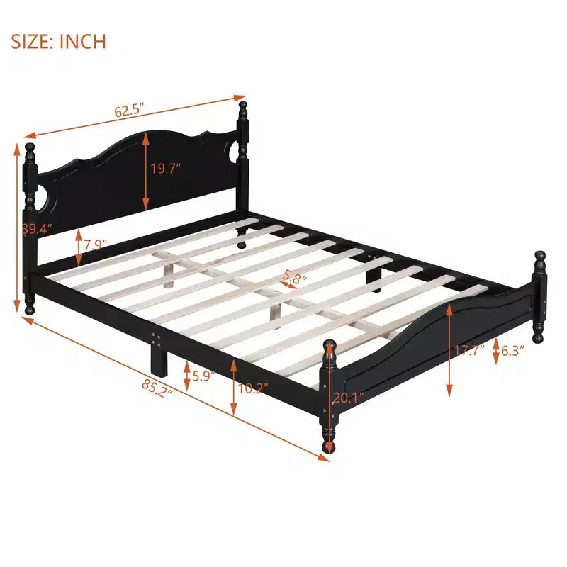 Letto a piattaforma Queen in legno, struttura letto in stile retrò con supporto a doghe, nero