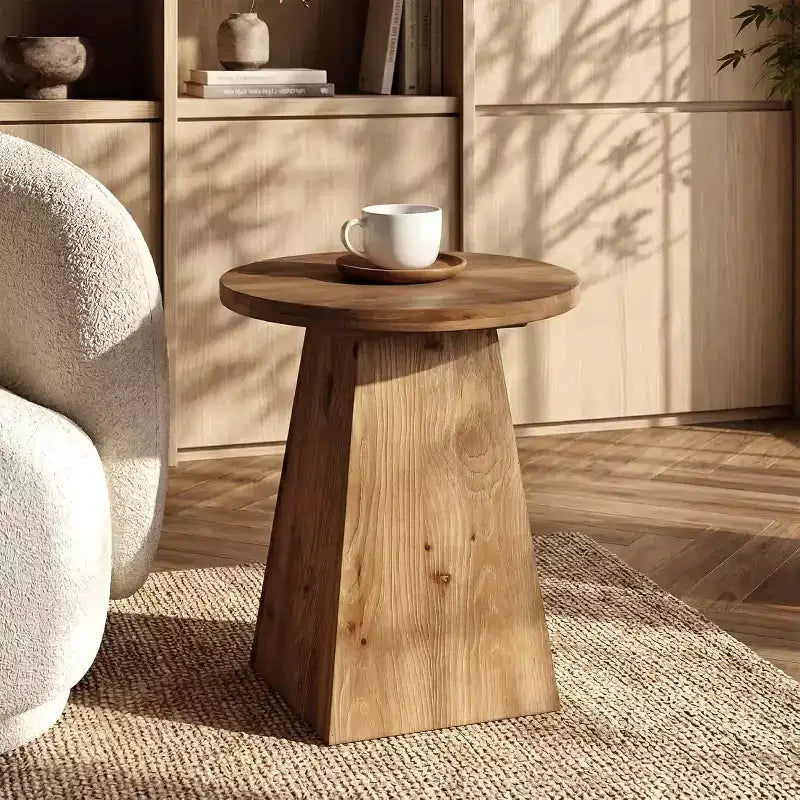 Tavolino rotondo in legno massello da 19" con base a trapezio, tavolino marrone per piccoli spazi