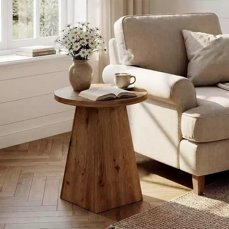 Tavolino rotondo in legno massello da 19" con base a trapezio, tavolino marrone per piccoli spazi