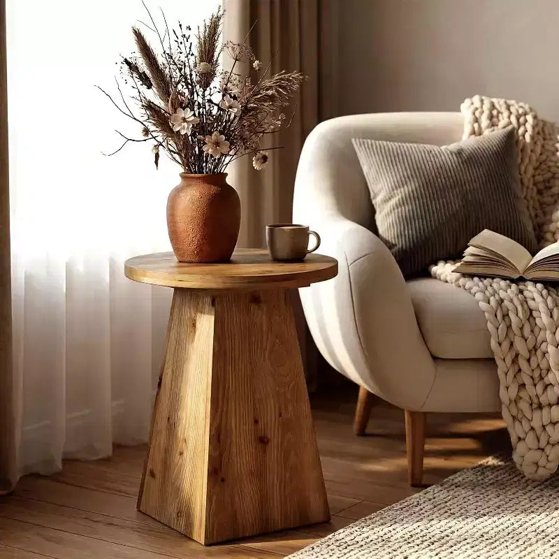 19" Round Solid Wood End Table with Trapezoid Base, Brown Side Table for Small Spaces