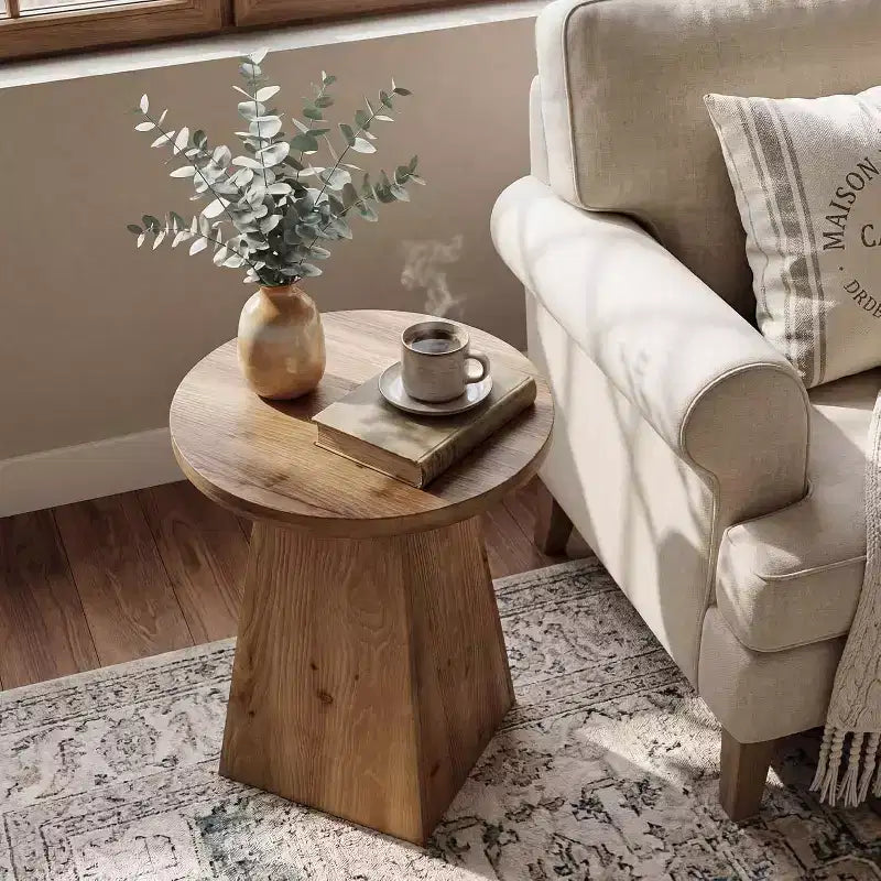 Tavolino rotondo in legno massello da 19" con base a trapezio, tavolino marrone per piccoli spazi