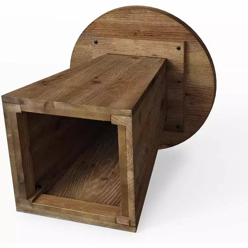 Tavolino rotondo in legno massello da 19" con base a trapezio, tavolino marrone per piccoli spazi