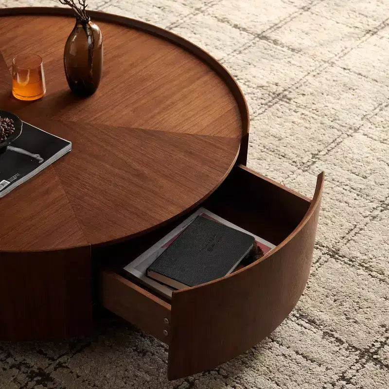 Tavolino da caffè rotondo in noce da 100 cm con ripiano portaoggetti, tavolino da salotto moderno