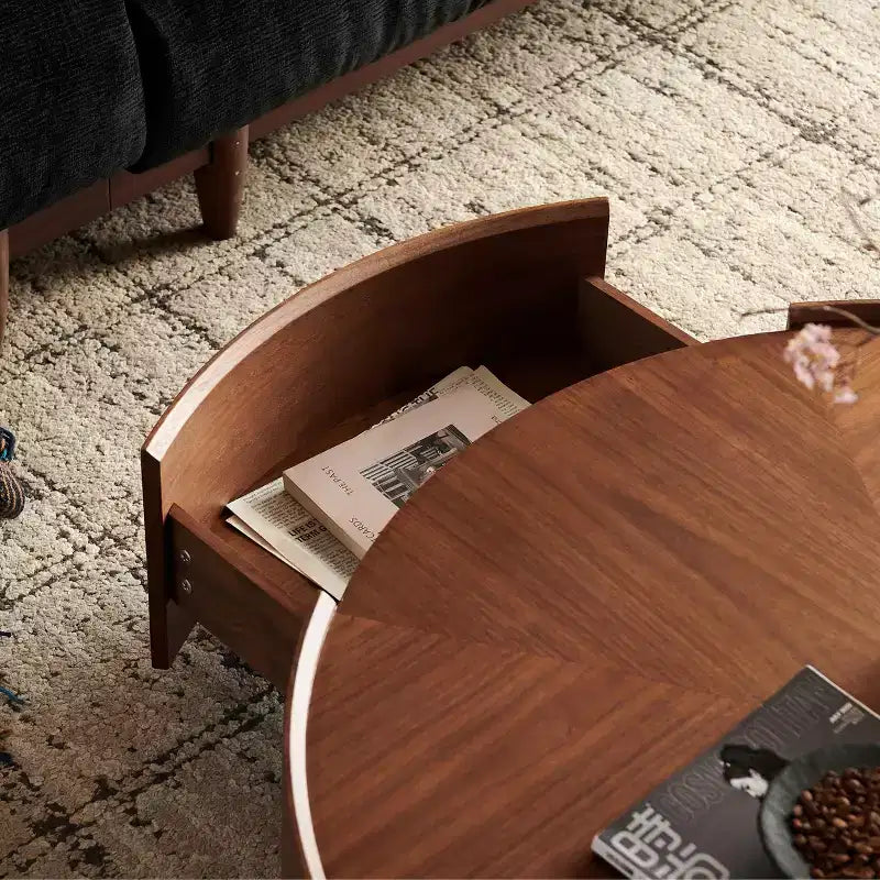 Tavolino da caffè rotondo in noce da 100 cm con ripiano portaoggetti, tavolino da salotto moderno