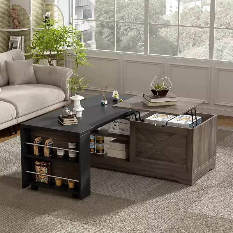 JVNOXK Farmhouse-style lift-top coffee table, wooden rectangular center table with oversized hidden storage space, suitable for living rooms, bedrooms