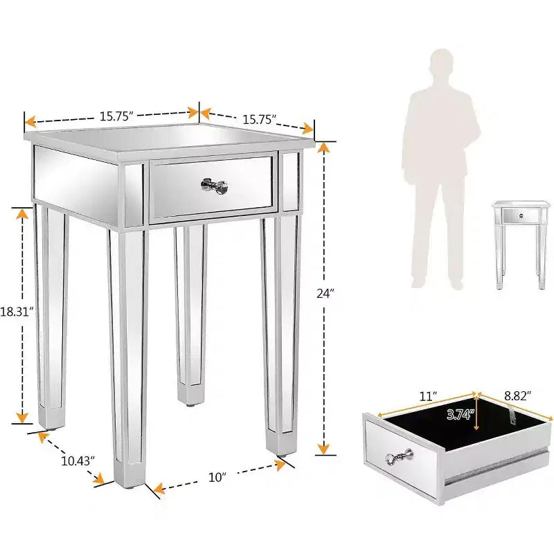 Comodino in MDF a specchio color argento con 1 cassetto, 40 cm di larghezza per la camera da letto