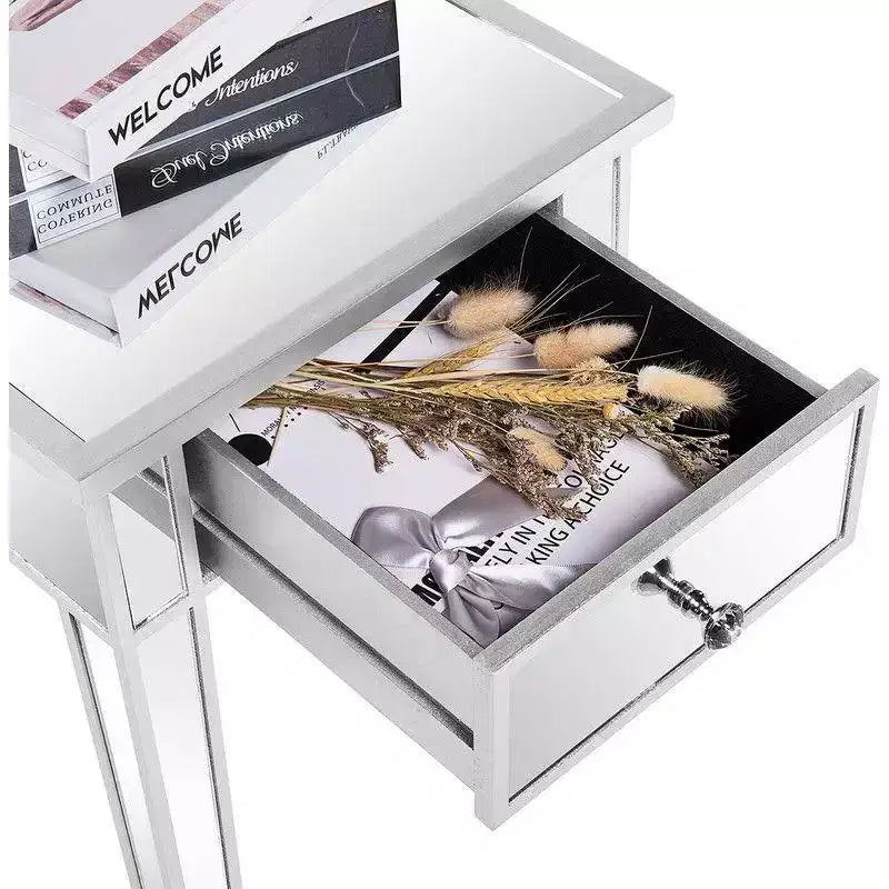 Comodino in MDF a specchio color argento con 1 cassetto, 40 cm di larghezza per la camera da letto
