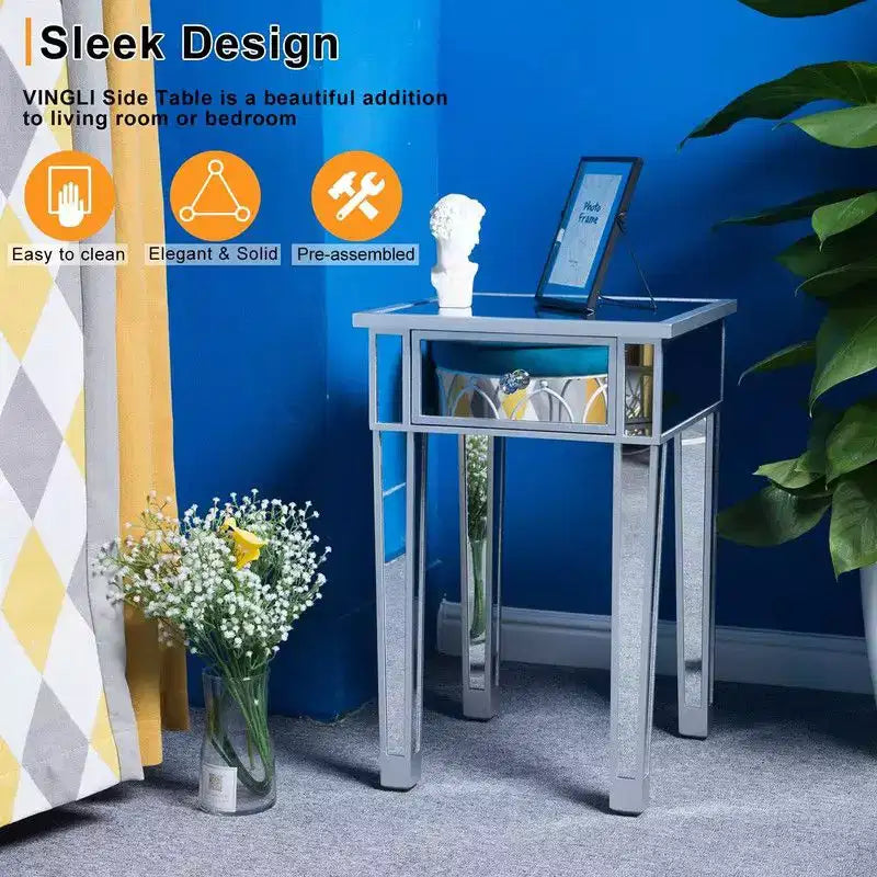 Comodino in MDF a specchio color argento con 1 cassetto, 40 cm di larghezza per la camera da letto