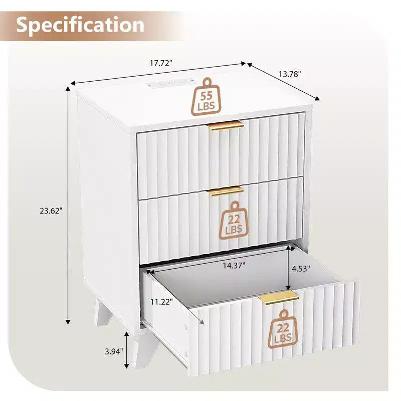 Comodino con 3 cassetti a griglia da 45 cm, con USB, Type-C e prese di corrente - Multicolore