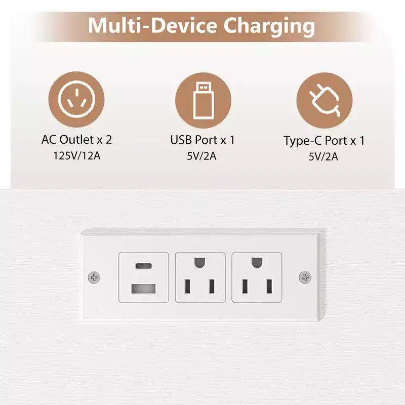 Comodino con 3 cassetti a griglia da 45 cm, con USB, Type-C e prese di corrente - Multicolore