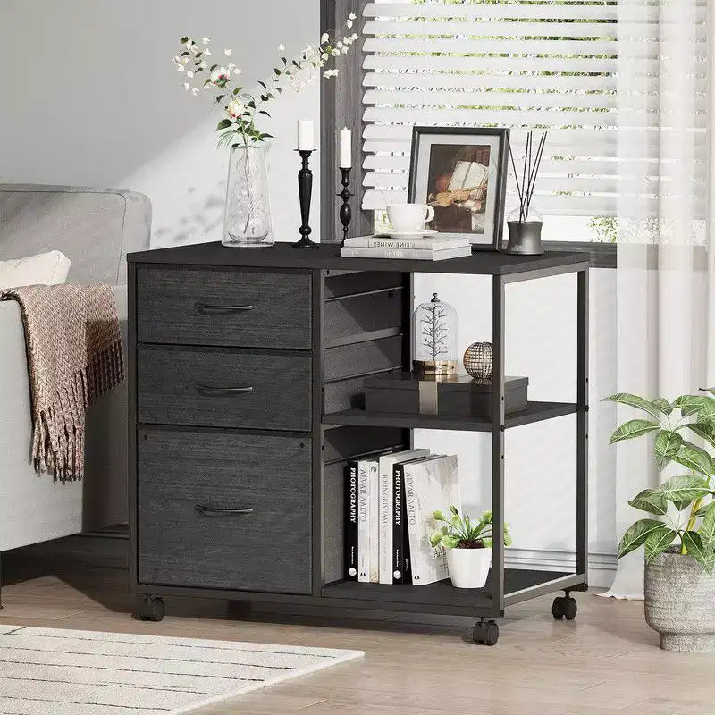Karl Home28.35 Inch Embossed Metal Framed Wooden File Cabinet with 3 Tall Drawers Shelf and Wheels