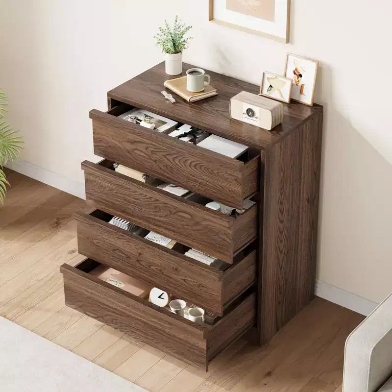Comodino a 4 cassetti per camera da letto, tavolino piccolo da 99 cm con sicurezza antiribaltamento, cassettiera moderna con ampio spazio organizer per soggiorno